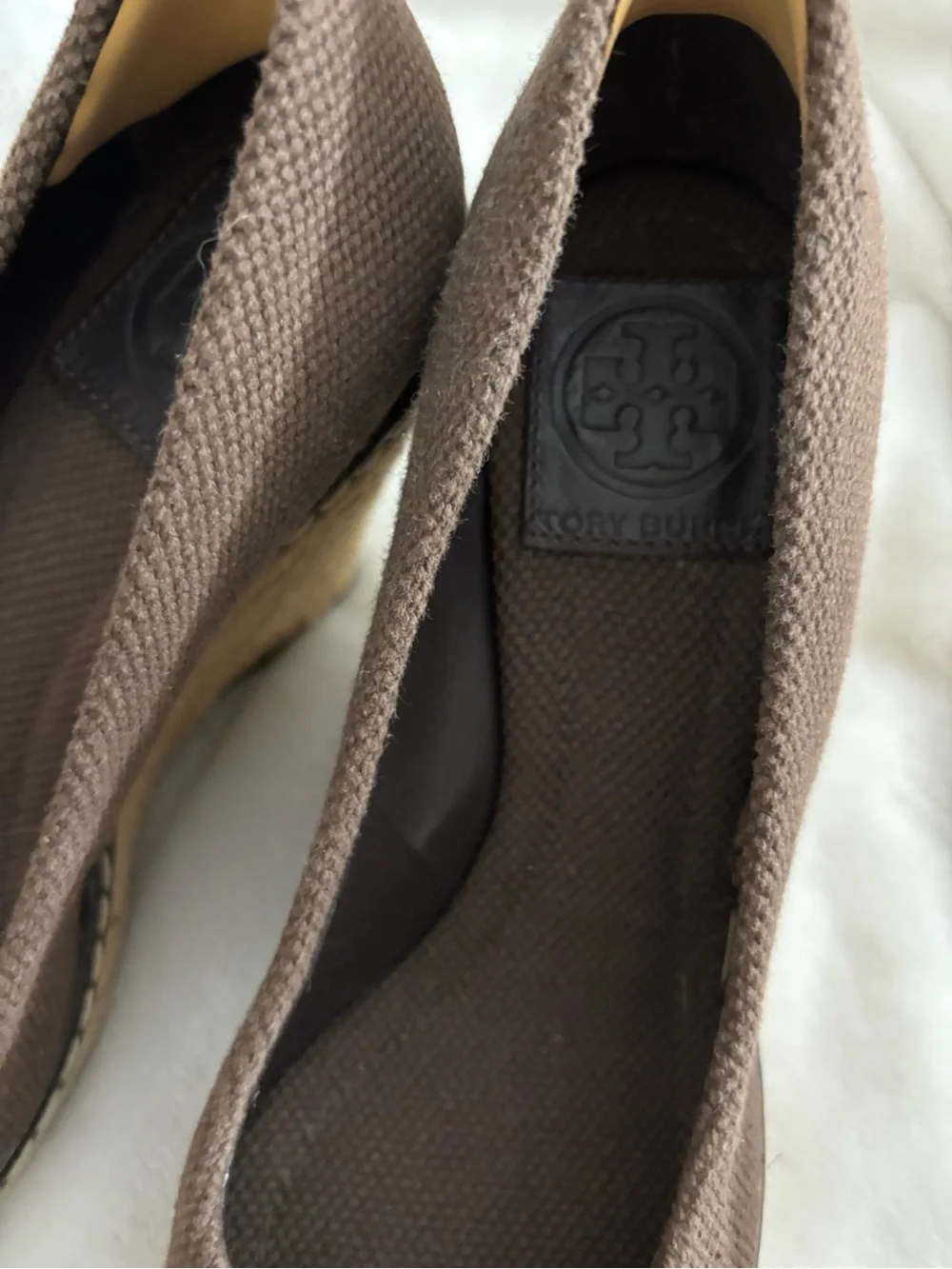 Tory Burch Brown Canvas Peep-Toe Wedge Espadrilles